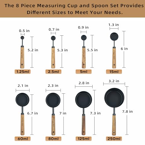 Measuring Cups and Spoons Set of 8, Stainless Steel Measuring Cup with Wooden Handle, Kitchen/Food/Liquid/Baking (Black) - color: Black