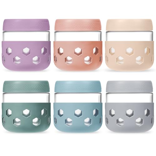 Gemice 6-Pack 10 oz Overnight Oats Containers with Lids and Silicone Sleeves, Glass Mason Jars with Airtight Lid, Dishwasher Safe, Wide Mouth Chia Seed Pudding Meal Prep Jar for Yogurt Berries Snack - color: Retro Pastel, size: 10oz, 6-Pack