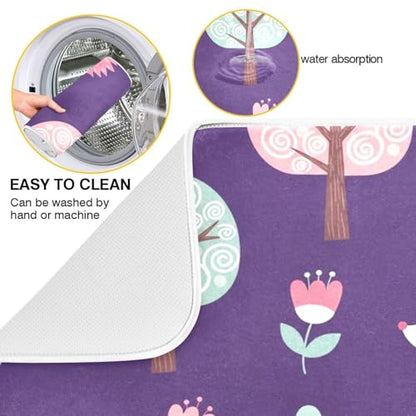 Hedgehog Flower Trees Purple Dish Drying Mat for Kitchen Counter Super Absorbent Draining Mat with Non-slip Backed Dish Rack Pad for Sinks Countertops Draining Racks Dish Bottles Cups Bowl