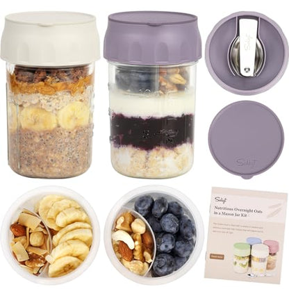 SOLIGT 2 Pack Overnight Oats Containers with Lids, Folding Spoons and Divided Compartments for Fruit & Nuts, Small Glass 16oz Mason Jars for Oatmeal Yogurt Parfait - color: 2 Set-Oat White/Wisteria Purple