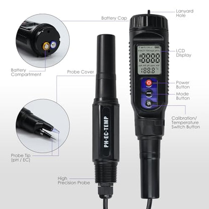 pH Meter for Food 3-in-1 Digital pH EC Temperature Meter with ATC, Food pH Tester for Checking Fermentation/Bread Dough/Sausages, Waterproof pH Probe Meter for Cosmetics, Solid and Soft Soil Sample