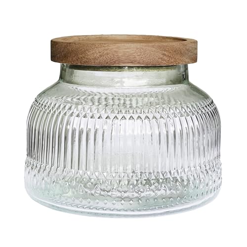 Decorative Glass Jar with Airtight Wooden Lid 25.4 oz, Wide Mouth Vintage Kitchen Food Storage Container for Cookie Candy Honey Flour Spice Coffee Tea, Home Decor Sand Candle Holder Vase - size: 25.4 Ounces, style: Clear Ribbed