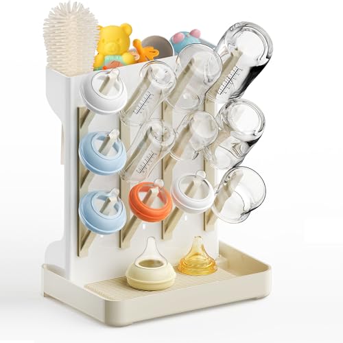 Vertical Baby Bottle Drying Rack, Space-Saving Countertop Storage Stand, BPA-Free Organizer for Baby Bottles and Pacifiers - Warm Beige - color: Warm Beige