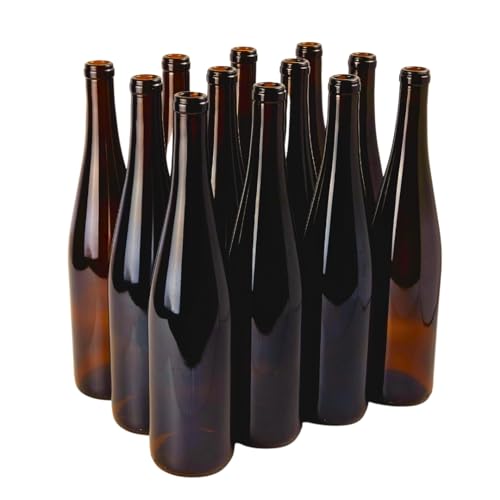FastRack - 750ml Amber Wine Bottles (Pack of 12) Empty, Stretch Hock Liquor Glass Bottles | W13 750 ml Empty Bottle for Drinks - NO CORKS INCLUDED - color: Amber