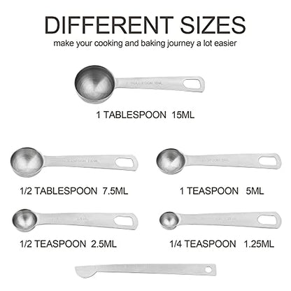 Stainless Steel Measuring Cups and Spoons Set, 18/8(304) Steel Material Heavy Duty 5 Measuring cups and 5 Measuring Spoons 1 Leveler and 2 rings Pack 13pcs Per set - size: C: 5cups+5spoons