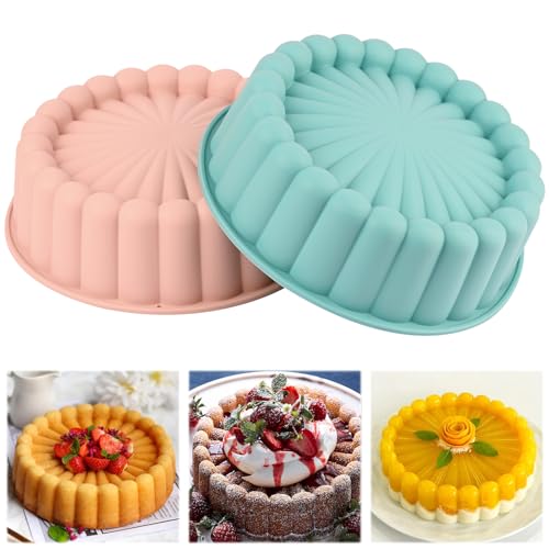 HUAKENER 2 Pcs Charlotte Cake Pan, 8 Inch Round Cake Pan, Nonstick Silicone Cake Molds for Cheese Cake, Chocolate Cake, Rainbow Cakes, Strawberry Shortcake, Brownie Tart Pie, Bule and Pink - size: Charlotte