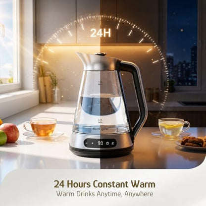 Hazel Quinn Glass And Stainless Steel Electric Kettle, 1.5 Liters Tea Kettle And Hot Water Kettle, BPA-Free, ±1°C Temp Control, 24H Keep Warm, 1000W Fast Quiet Boil, Anti-Residue Bottom, Auto Shut-Off