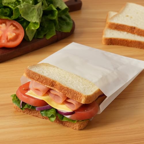200 Pack White Paper Sandwich Bags with Seal Stickers, 6"×8"×1" Grease Resistant Cookie Sleeves Pasrty Bags for Lunch Packing, Treats, Snacks, Bagels, Baked Goods - color: White