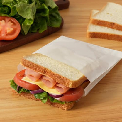 200 Pack White Paper Sandwich Bags with Seal Stickers, 6"×8"×1" Grease Resistant Cookie Sleeves Pasrty Bags for Lunch Packing, Treats, Snacks, Bagels, Baked Goods - color: White