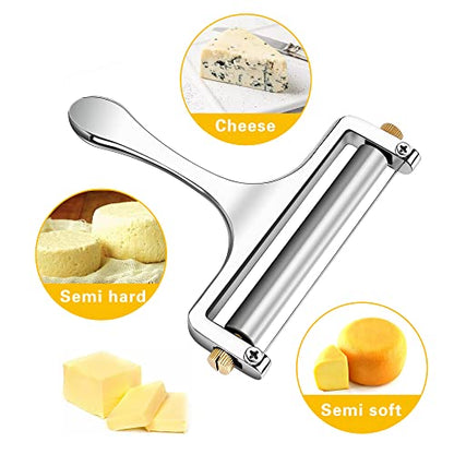 TOPULORS Wire Cheese Slicer Stainless Steel Handheld Cheese Cutter for Mozzarella, Cheddar, Gruyere - with 1 Extra Wire - Adjustable Thickness Cheese Shaver Cheese Slicers for Block Cheese (Silver) - color: Silver - Wire cheese slicer