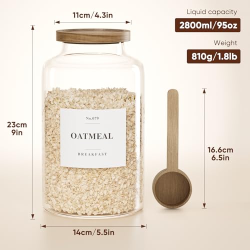 2 PCS Flour Sugar Storage Containers Glass, Large Glass Food Storage Jars with Wood Airtight Lids, 132 Pantry Labels and 2 spoon for Coffee, Flour, Sugar, Spice (98 oz/2800 ml)