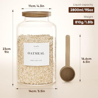 2 PCS Flour Sugar Storage Containers Glass, Large Glass Food Storage Jars with Wood Airtight Lids, 132 Pantry Labels and 2 spoon for Coffee, Flour, Sugar, Spice (98 oz/2800 ml)