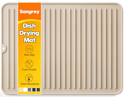 Songrey 16" x 12" Silicone Dish Drying Mat, Kitchen Counter Drying Pad for Sink Dishes or Under Rack, Multi-Use as Heat Resistant Trivet, Coffee Bar Mat - color: Beige, size: 16" x 12"
