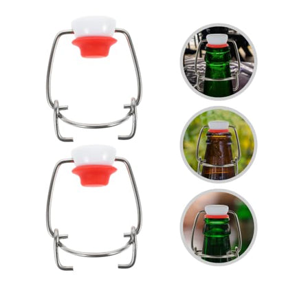 SUPVOX Swing Top Bottle Caps Replacement Flip Stoppers for Glass Beer Bottles, Stainless Steel Sealing Flip Caps with Spring Clasp, Red Protective Cover, 2 Pieces for Home Brewing