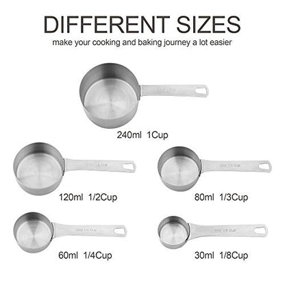Stainless Steel Measuring Cups and Spoons Set, 18/8(304) Steel Material Heavy Duty 5 Measuring cups and 5 Measuring Spoons 1 Leveler and 2 rings Pack 13pcs Per set - size: C: 5cups+5spoons