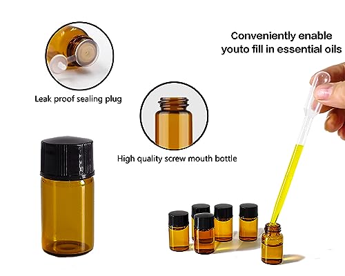50Pcs 3ml Amber Sample Bottles,Mini Glass Essential Oil Bottle, with Black Screw Caps, for Travel Essential Oil and Perfume Vials Bottles (3ML)
