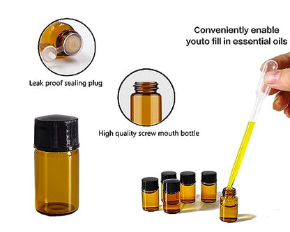 50Pcs 3ml Amber Sample Bottles,Mini Glass Essential Oil Bottle, with Black Screw Caps, for Travel Essential Oil and Perfume Vials Bottles (3ML)
