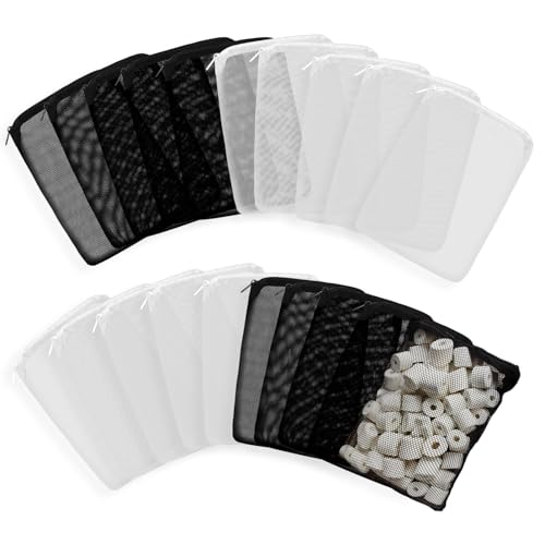 20 Pcs Aquarium Filter Media Bags, Fine Mesh Bag with Zipper for Fish Tank, White & Black Reusable Nylon Net Pouch for Activated Carbon, Ceramic Rings and Bio Balls Filtration