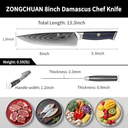 Chef Knife,8inch Damascus knife,67-Layer High Carbon Stainless Steel Kitchen Knife,Professiona Sharp Cutting Knives with Ergonomic G10 Blue Black Handle,Gift Box for Home and Kitchen Birthday Gift - style: 13C pro Chef Knife(Blue Black)