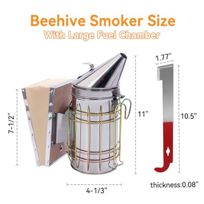 POLLIBEE Bee Smoker Stainless Steel Smoker Kit with Heat Shield Bee Hive Tool J Hook Beekeeping Supplies and Beekeeper Tool Set