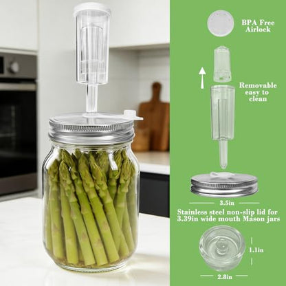 Fermenting weights wide mouth Mason Jar Fermentation Kit with 4 Fermentation Lids, 4 Glass fermentation Weights, 4 Airlocks for Fermenting, 5 Silicone Rings & Grommets - Pickling kit（No Jars） - size: Universal standard size