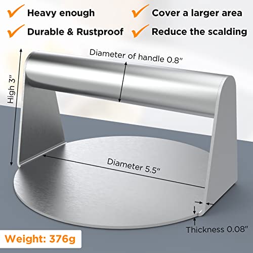 Stainless Steel Burger Press, 5.5 Inch Round Smasher, Non-Stick Smooth Hamburger Press Flat Bottom Without Ridges, Bacon Grill Perfect for Top Griddle Cooking
