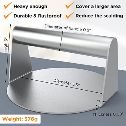 Stainless Steel Burger Press, 5.5 Inch Round Smasher, Non-Stick Smooth Hamburger Press Flat Bottom Without Ridges, Bacon Grill Perfect for Top Griddle Cooking