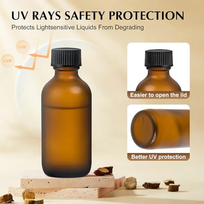 Small Glass Bottles with Lids Boston Round Shot Bottles for Health, Immunity, Ginger Juice, Essential Oils, Potion - Leak Proof Mini Travel Containers (Amber Frosted, 2oz-48Pack) - color: Amber Frosted, size: 2oz-48Pack
