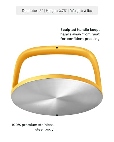 Caraway Grill Press with Handle - 100% Stainless Steel Body - Safe for Use with Pans and Grills - Ideal for Meat, Salmon, Tofu, Veggies - Marigold - color: Marigold