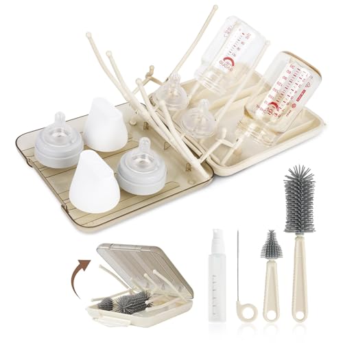 Baby Bottle Brush Set, 6-in-1 Travel Bottle Cleaner Kit with Silicone Bottle Brush, Nipple & Straw Brush, Soap Dispenser, Drying Rack, Storage Box – Compact Baby Travel Essential for Home & On-The-Go - color: Beige