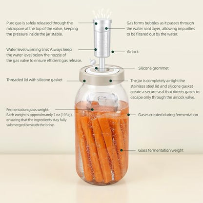 64oz Fermentation Jar Kit with Date-Tracking Lid Airlock Seal and Fermenting Weights, Wide Mouth Glass Jars with Scale Mark for Making and Storing Sauerkraut, Pickles (Pack of 2)