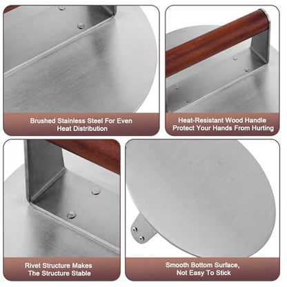 Extra Large Stainless Steel Burger Press, 8.5" NonStick Hamburger Smasher Tool & Grill Press, 2.5 lbs Heavy Duty Bacon Press with Wood Handle for Blackstone Camp Chef Pitboss Weber Griddle Grills - size: 8.5inch