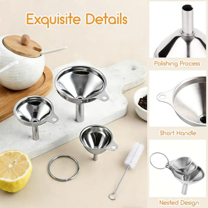 Small Funnels for Filling Bottles, 3 Pcs Stainless Steel Kitchen Funnel Set, Food Grade Mini Metal Funnel for Transferring Oil Liquid, Easy Cleaning with a Brush (Short Handle) - size: short handle