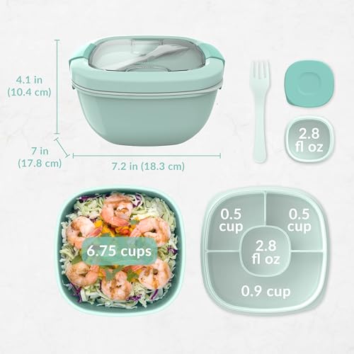 Bentgo Salad Container - 54 oz Bowl with 4-Compartment Toppings Tray, Leak-Proof Dressing Container, Reusable Fork, BPA-Free Lunch Box for Meal Prep & Food Storage; Removable Bento Tray (Coastal Aqua) - color: Coastal Aqua
