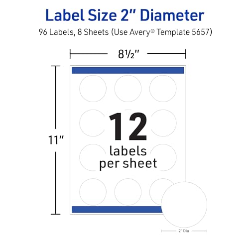 Avery Durable Waterproof Labels, Sure Feed Technology, 2" Diameter, Matte White, Laser/Pigment-Inkjet Printable, 96 Blank Labels, Great for Food Containers, Product Merchandising, and More (5657)