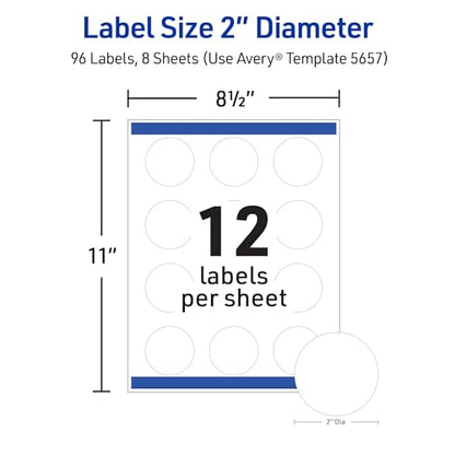 Avery Durable Waterproof Labels, Sure Feed Technology, 2" Diameter, Matte White, Laser/Pigment-Inkjet Printable, 96 Blank Labels, Great for Food Containers, Product Merchandising, and More (5657)