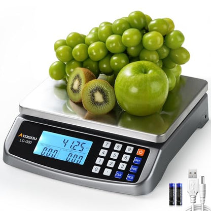 Atogou 66lb Food Scale, Commercial Kitchen Scale with Price Computing, Plug-in Usable, 0.05oz/1g, 304 Stainless Steel, for Cooking, Vegetables, Farm, Industry, Counting. LC300 Grey - style: Grey 66lb/30kg