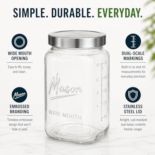 kitchentoolz 1 Gallon Glass Jar with Lid - Extra Large Mason Jar Wide Mouth with Airtight Metal Screw On Lid - Square Glass Storage Container with Measurements for Flour, Sugar, Cookies & Pickling