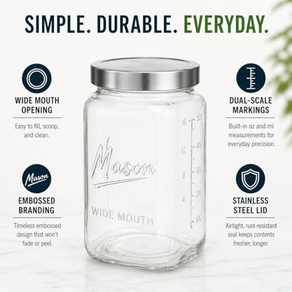 kitchentoolz 1 Gallon Glass Jar with Lid - Extra Large Mason Jar Wide Mouth with Airtight Metal Screw On Lid - Square Glass Storage Container with Measurements for Flour, Sugar, Cookies & Pickling