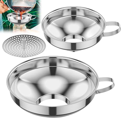 Canning Funnel w Strainer, Wide Mouth Funnels w Handle, Stainless Steel Funnels for Kitchen Use, Filling Wide and Regular Mason Jars Bottles, Kitchen Gadgets Canning Supplies, 3 Pack (Small and Large)