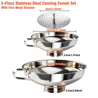 3-Piece Canning Funnel Set with Mesh Strainer - Wide & Regular Mouth Mason Jar Funnels (Large & Small) - for Kitchen, Jam, Spices, Flour & DIY - Stainless Steel