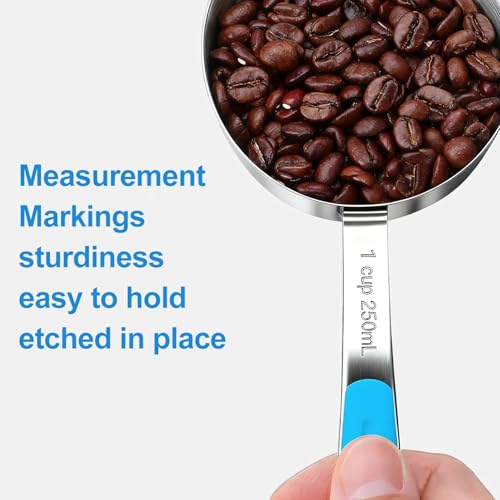 Bopei Measuring Cups and Spoons Set Stainless Steel 10 Piece for Cooking and Baking (5 Cups + 5 Spoons, Light Blue Handle) - color: Light Blue