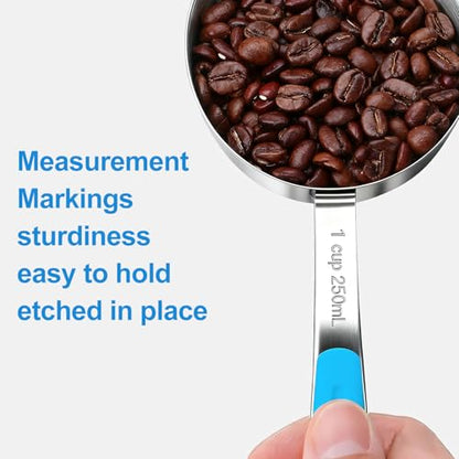 Bopei Measuring Cups and Spoons Set Stainless Steel 10 Piece for Cooking and Baking (5 Cups + 5 Spoons, Light Blue Handle) - color: Light Blue