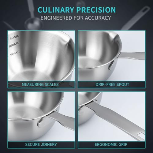 Mini 304 Stainless Steel Oil Ladle with Seasoning Bowl, Small Melting Sauce Pot, Butter Warmer with Pour Spout, Ergonomic Handle, Measuring Scale, for Cooking & Serving