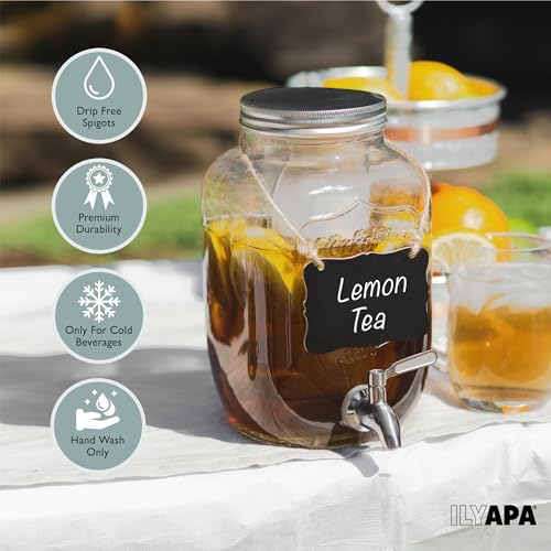 Ilyapa 2 Gallon Drink Dispenser - Wide Mouth Glass Drink Dispenser - 100% Leak Proof Stainless Steel Spigot with Glass Flip Top Lid, for Any Event - size: 2 Gallon