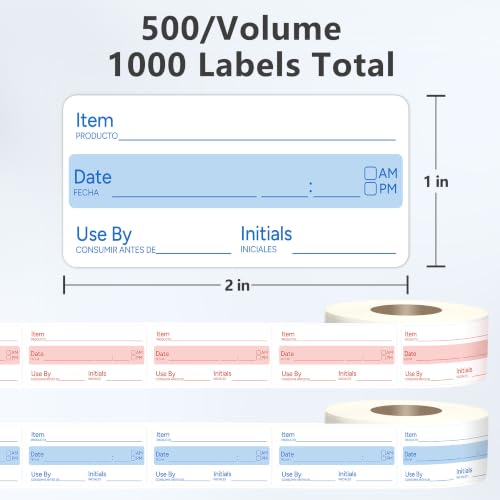 2 Rolls 1000 Pcs 1 X 2 inch Removable Food Date Sticker Labels, Easy to Write for Freezer, Refrigerator Food Containers Date Sticker, Leftover Labels - style: Blue-Red-Spanish-no-week