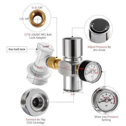 Home Brew Equipment Kegging Tools 0-60PSI CO2 Regulator Portable Mini Keg CO2 Charger 7/16" Regulated for Home Brewing