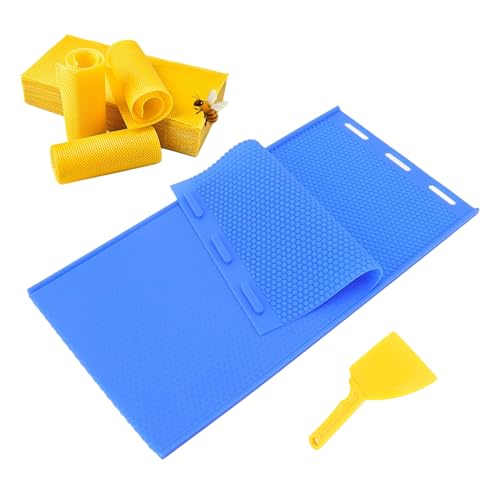 Silicone Beeswax Foundation Press Mold with Honey Scraper, 5.4mm Honeycomb 2 Sheets Non-Stick Reusable for Beekeeping and Candle Making Supplies (Blue) - color: Dark Blue