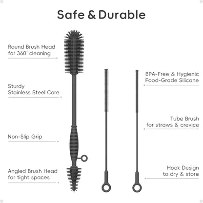 Silicone Cleaning Brush Kit,Water Bottle and Straw Cleaner Brush Set for Tumbler,Baby Bottle,Breast Pump Part,Nipple,Sippy Cup,Glass,Dishwasher Safe,BPA Free,3 Pcs - color: Deep Gray