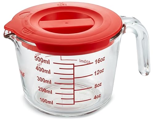 NutriChef 2 Cups Glass Measuring Cup with Lid (19 oz) - Heat-Resistant Borosilicate Liquid Measure Cup with Easy-Read Scale for Cooking, Baking and Food Storage, Dishwasher and Freezer Safe - size: 2 cup with lid